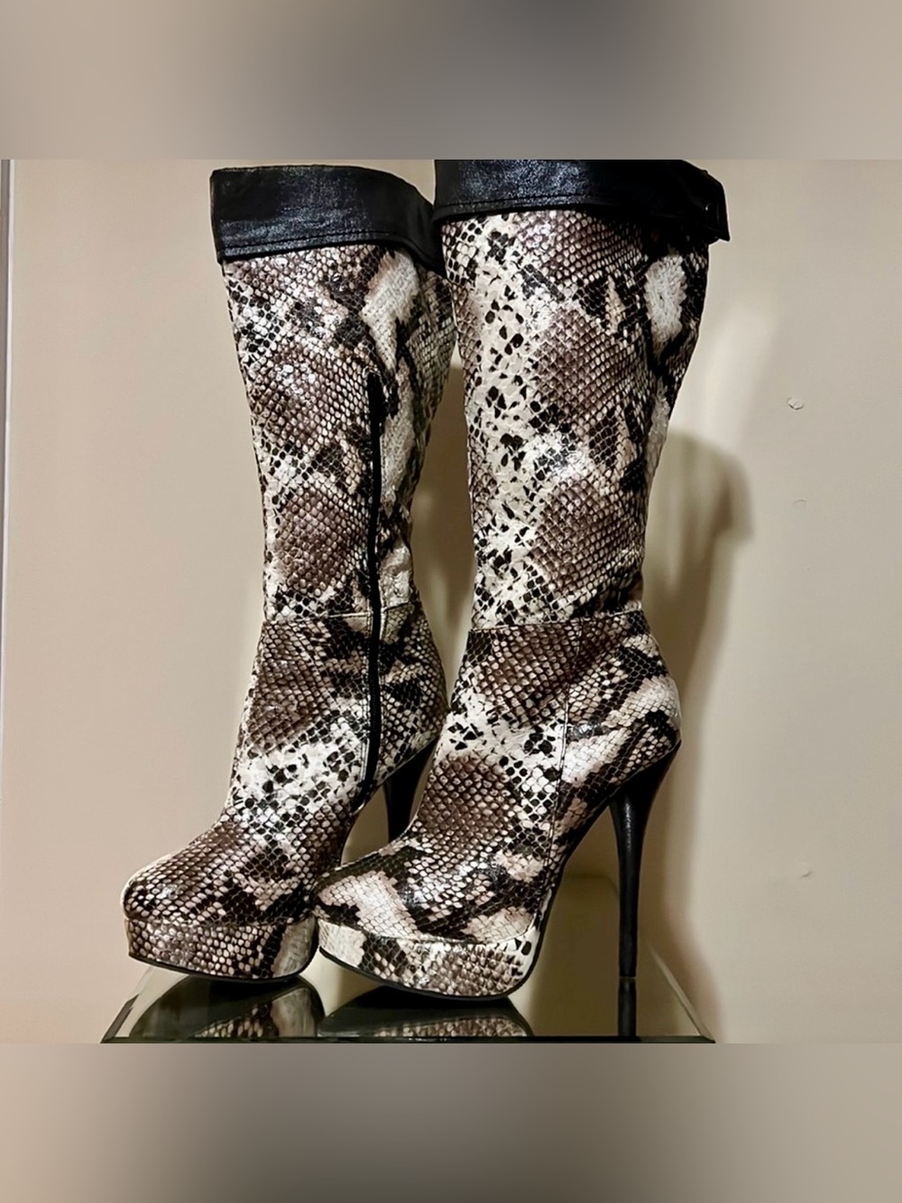 Snake-Print Platform Knee-High Boots - Black/Brown